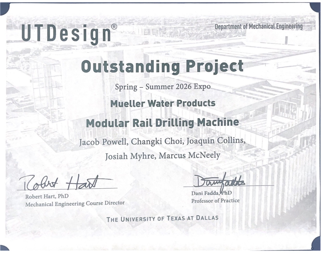 Outstanding Project award from the UTD Senior Design Expo
